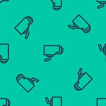 Blue line Security camera icon isolated seamless pattern on green background Stock Illustration