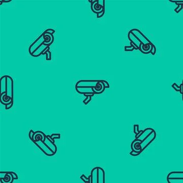 Blue line Security camera icon isolated seamless pattern on green background 스톡 일러스트