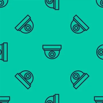 Blue line Security camera icon isolated seamless pattern on green background 스톡 일러스트