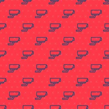 Blue line Security camera icon isolated seamless pattern on red background Stock Illustration