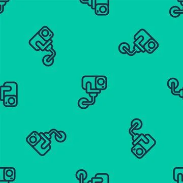 Blue line Security camera icon isolated seamless pattern on green background Stock Illustration