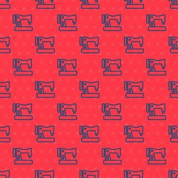 Blue line Sewing machine icon isolated seamless pattern on red background イラスト素材