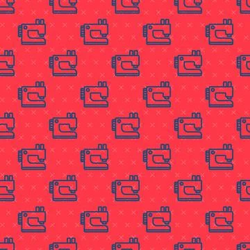 Blue line Sewing machine icon isolated seamless pattern on red background Illustrazione stock