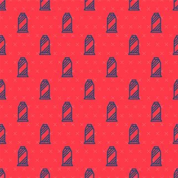 Blue line Sewing thread on spool icon isolated seamless pattern on red Stock Illustration