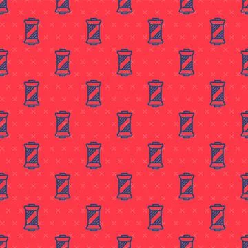 Blue line Sewing thread on spool icon isolated seamless pattern on red Stock Illustration