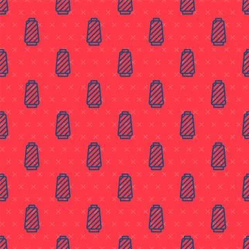 Blue line Sewing thread on spool icon isolated seamless pattern on red Stock Illustration