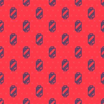 Blue line Sewing thread on spool icon isolated seamless pattern on red Stock Illustration