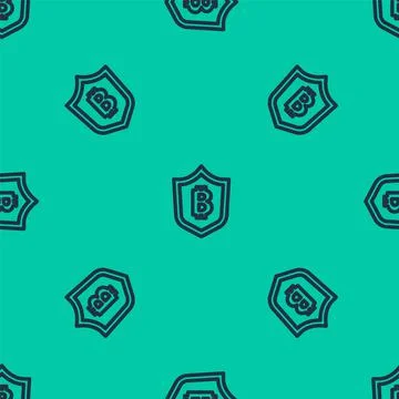 Blue line Shield with bitcoin icon isolated seamless pattern on green background Stock Illustration