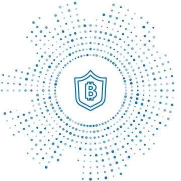 Blue line Shield with bitcoin icon isolated on white background. Cryptocurrency 스톡 일러스트