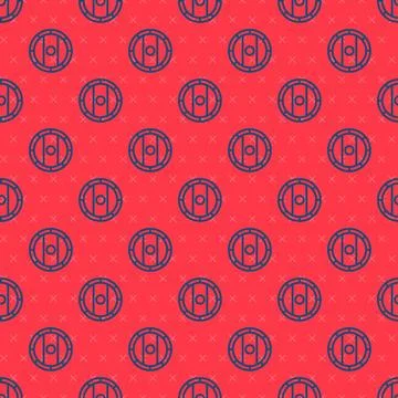 Blue line Shield viking icon isolated seamless pattern on red background. R.. Stock Illustration