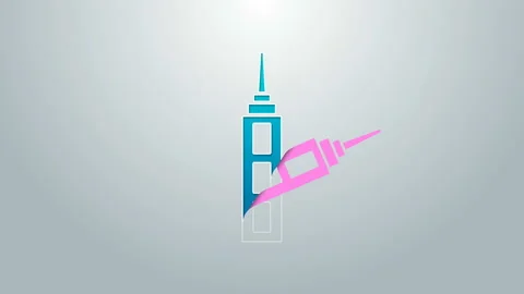 Blue line Skyscraper icon isolated on grey background. Metropolis architecture 스톡 동영상 145298368