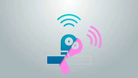 Blue line Smart security camera icon isolated on grey background. Internet of Stock Footage 145297179
