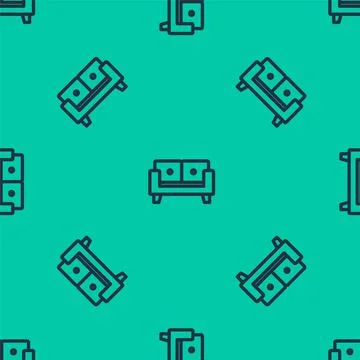 Blue line Sofa icon isolated seamless pattern on green background. Vector Illustrazione stock
