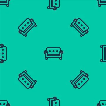 Blue line Sofa icon isolated seamless pattern on green background. Vector 스톡 일러스트
