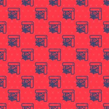 Blue line Spider web icon isolated seamless pattern on red background. Cobweb Illustrazione stock