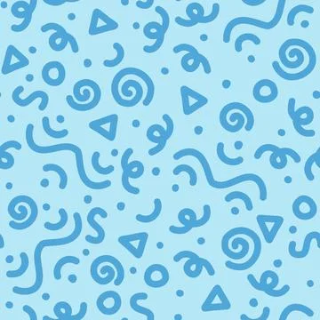 Blue line squiggle doodle seamless pattern in memphis style, abstract vector Stock Illustration