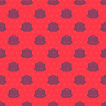 Blue line Stack of pancakes with honey icon isolated seamless pattern on red Stock Illustration