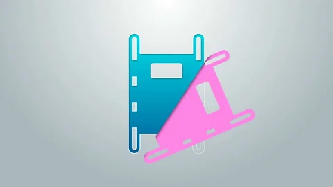 Blue line Stretcher icon isolated on grey background. Patient hospital medical Stock Footage 145296643