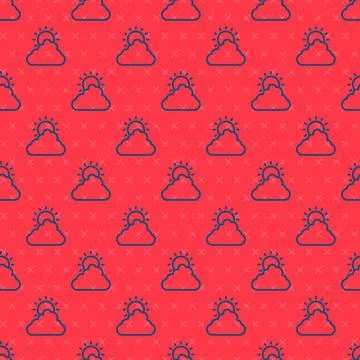 Blue line Sun and cloud weather icon isolated seamless pattern on red background 스톡 일러스트