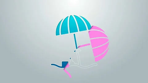 Blue line Sun protective umbrella for beach icon isolated on grey background Stock Footage 145291601