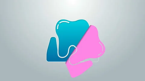Blue line Tooth icon isolated on grey background. Tooth symbol for dentistry Stock Footage 145329876