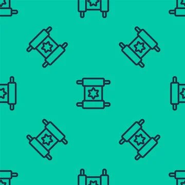 Blue line Torah scroll icon isolated seamless pattern on green background Stock Illustration