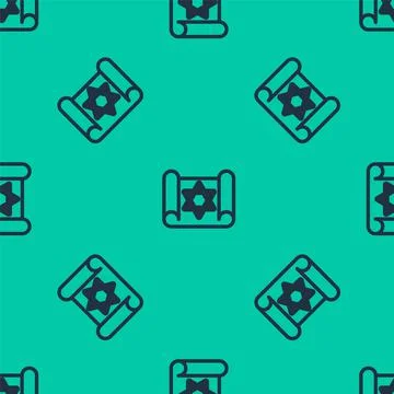 Blue line Torah scroll icon isolated seamless pattern on green background Stock Illustration
