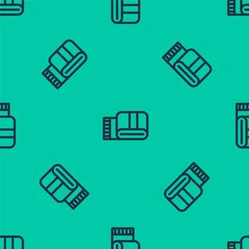 Blue line Towel stack icon isolated seamless pattern on green background.  Ve 스톡 일러스트