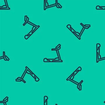 Blue line Treadmill machine icon isolated seamless pattern on green background Illustrazione stock