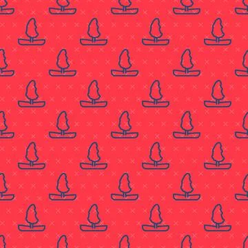 Blue line Tree icon isolated seamless pattern on red background. Forest symbol Stock Illustration