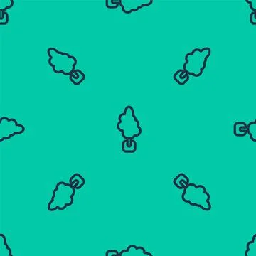 Blue line Tree icon isolated seamless pattern on green background. Forest symbol Illustrazione stock