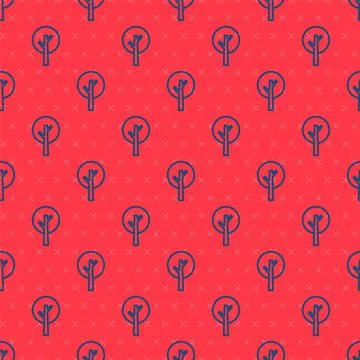 Blue line Tree icon isolated seamless pattern on red background. Forest symbol Stock Illustration