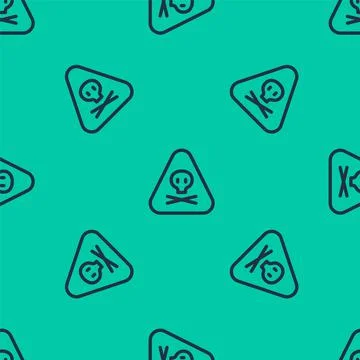 Blue line Triangle warning toxic icon isolated seamless pattern on green back Stock Illustration