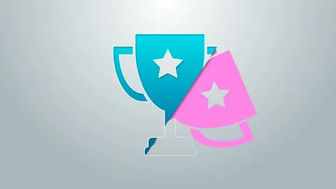 Blue line Trophy cup icon isolated on grey background. Award symbol. Champion Stock Footage 144951066