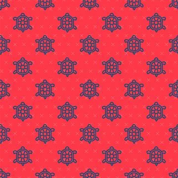 Blue line Turtle icon isolated seamless pattern on red background. Vector Stock Illustration