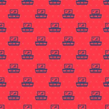 Blue line TV table stand icon isolated seamless pattern on red background Stock Illustration