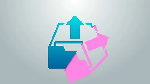 Blue line Upload inbox icon isolated on grey background. Extract files from Stock Footage 145036720