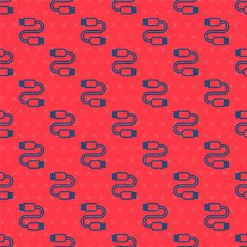 Blue line USB cable cord icon isolated seamless pattern on red background Stock Illustration