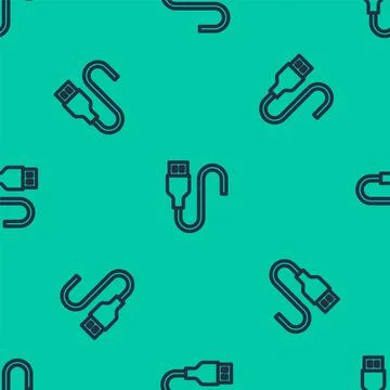 Blue line USB cable cord icon isolated seamless pattern on green background Stock Illustration