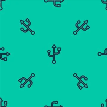 Blue line USB symbol icon isolated seamless pattern on green background. Vector イラスト素材