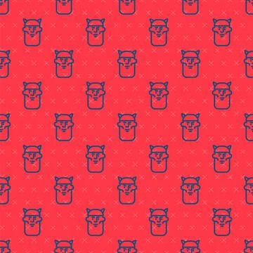 Blue line Viking head icon isolated seamless pattern on red background. Vector Stock Illustration