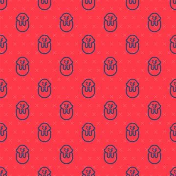 Blue line Viking head icon isolated seamless pattern on red background. Vecto Stock Illustration