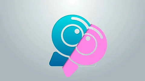 Blue line Web camera icon isolated on grey background. Chat camera. Webcam icon Stock Footage 144958314