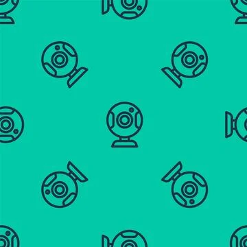 Blue line Web camera icon isolated seamless pattern on green background. Ch.. Illustrazione stock