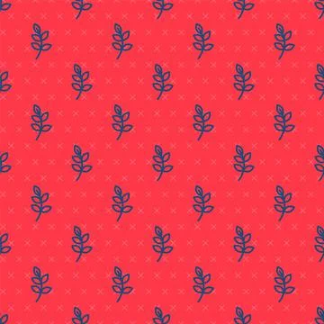 Blue line Willow leaf icon isolated seamless pattern on red background. Vector Stock Illustration