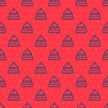 Blue line Winter hat icon isolated seamless pattern on red background. Vector イラスト素材