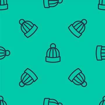Blue line Winter hat icon isolated seamless pattern on green background.  V.. Stock Illustration