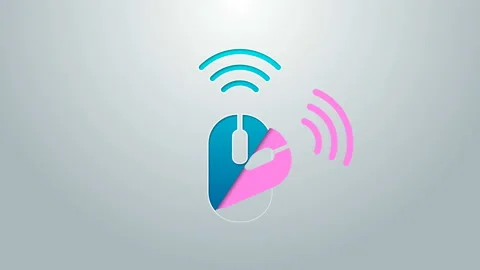 Blue line Wireless computer mouse system icon isolated on grey background Stock Footage 145297236