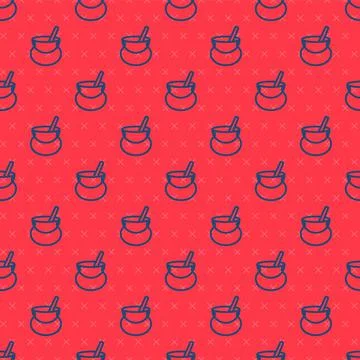 Blue line Witch cauldron icon isolated seamless pattern on red background. Happy Stock Illustration