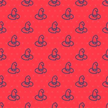 Blue line Witch hat icon isolated seamless pattern on red background. Happy Stock Illustration